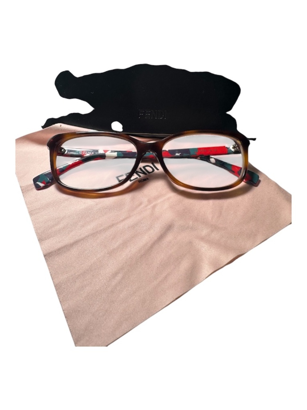 Fendi Roma Designer Eyeglass Frames Brown Tortoise Camo Temples w/ Case
